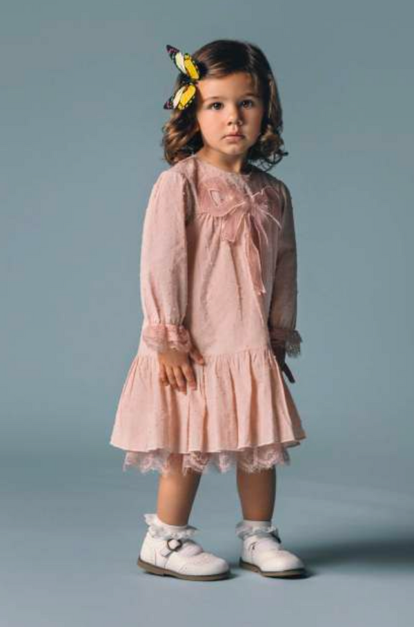Gensami Organic Cotton Dress in Plumeti with Maxi Lace Bow - Sky Blue or Powder Pink